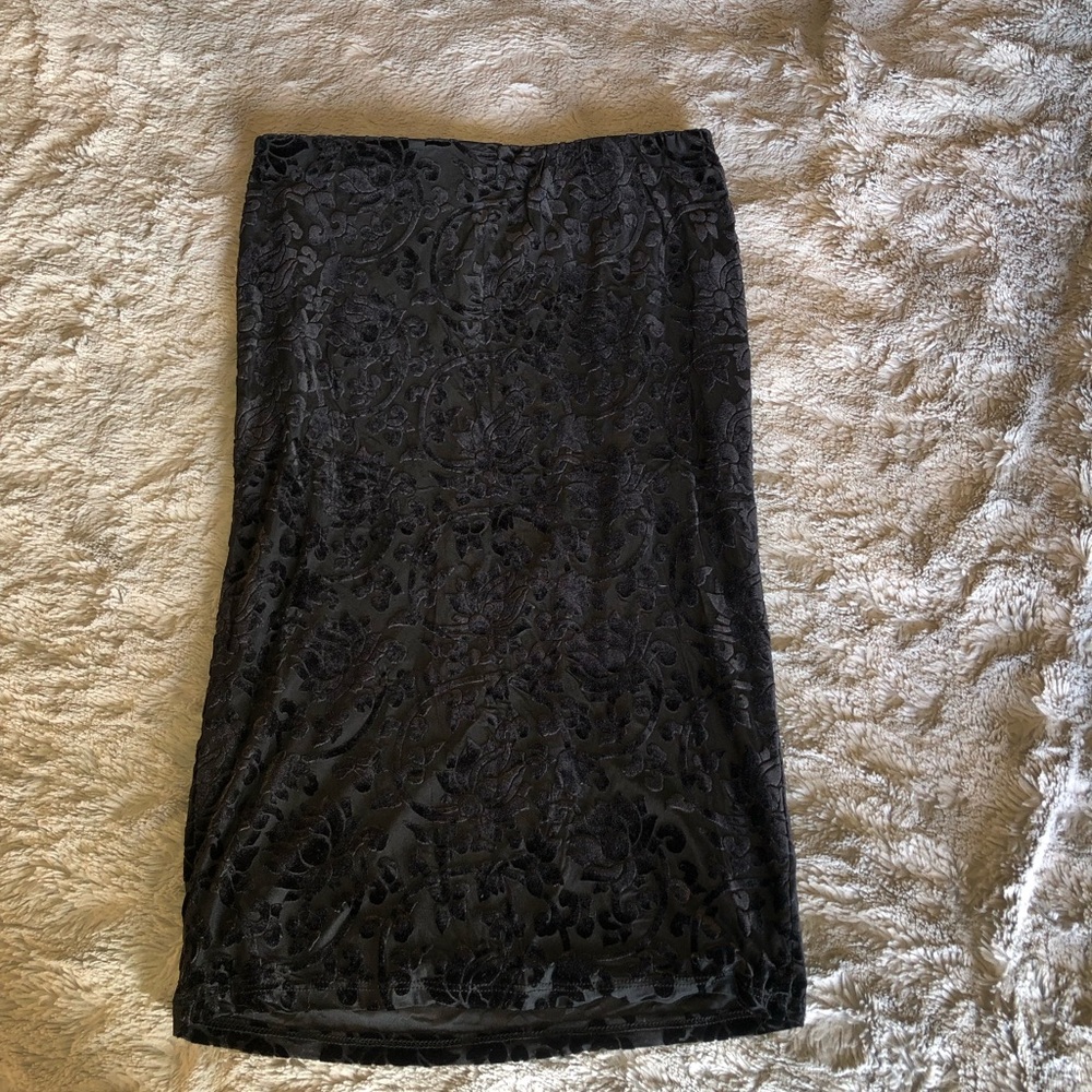 Black Velvet and Mesh 90s Style Flower Print Midi Skirt